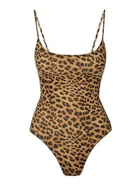 Leopard One Piece Swimsuit Tummy Control High Cut Removable Padding Size 12 14